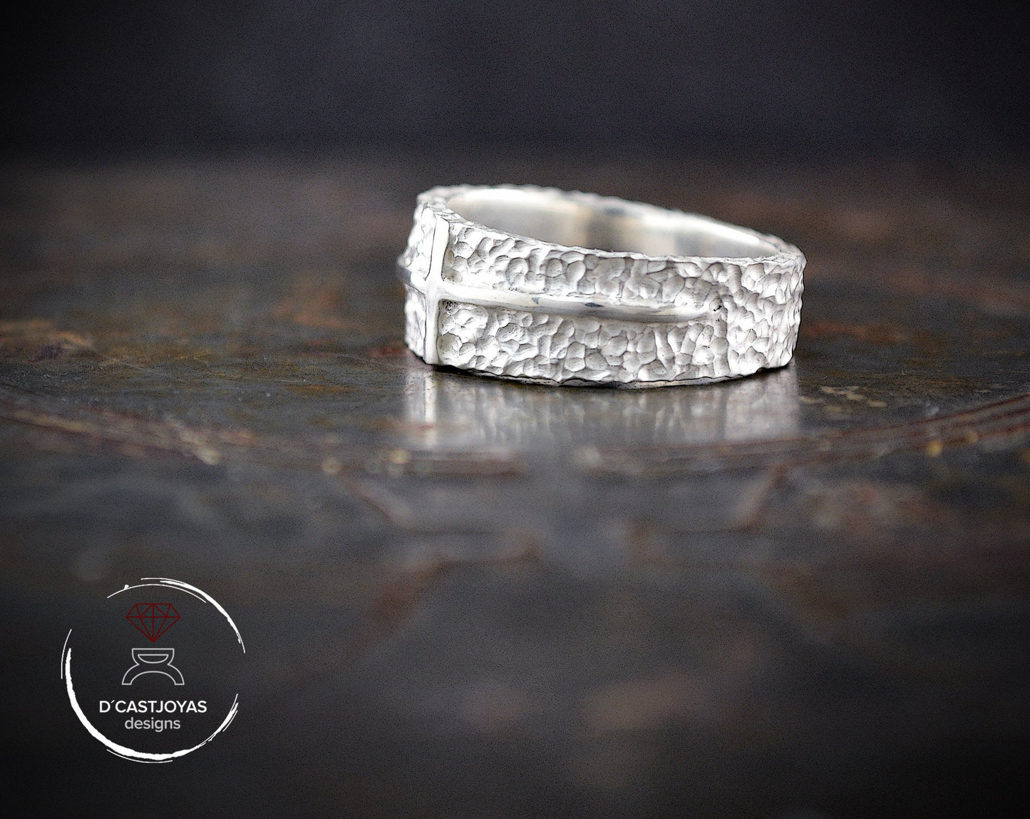 Rustic hammered 925 silver band, Wide hammered wedding band with cross, Men's wedding band, Handmade wedding band, Cool Christmas gift