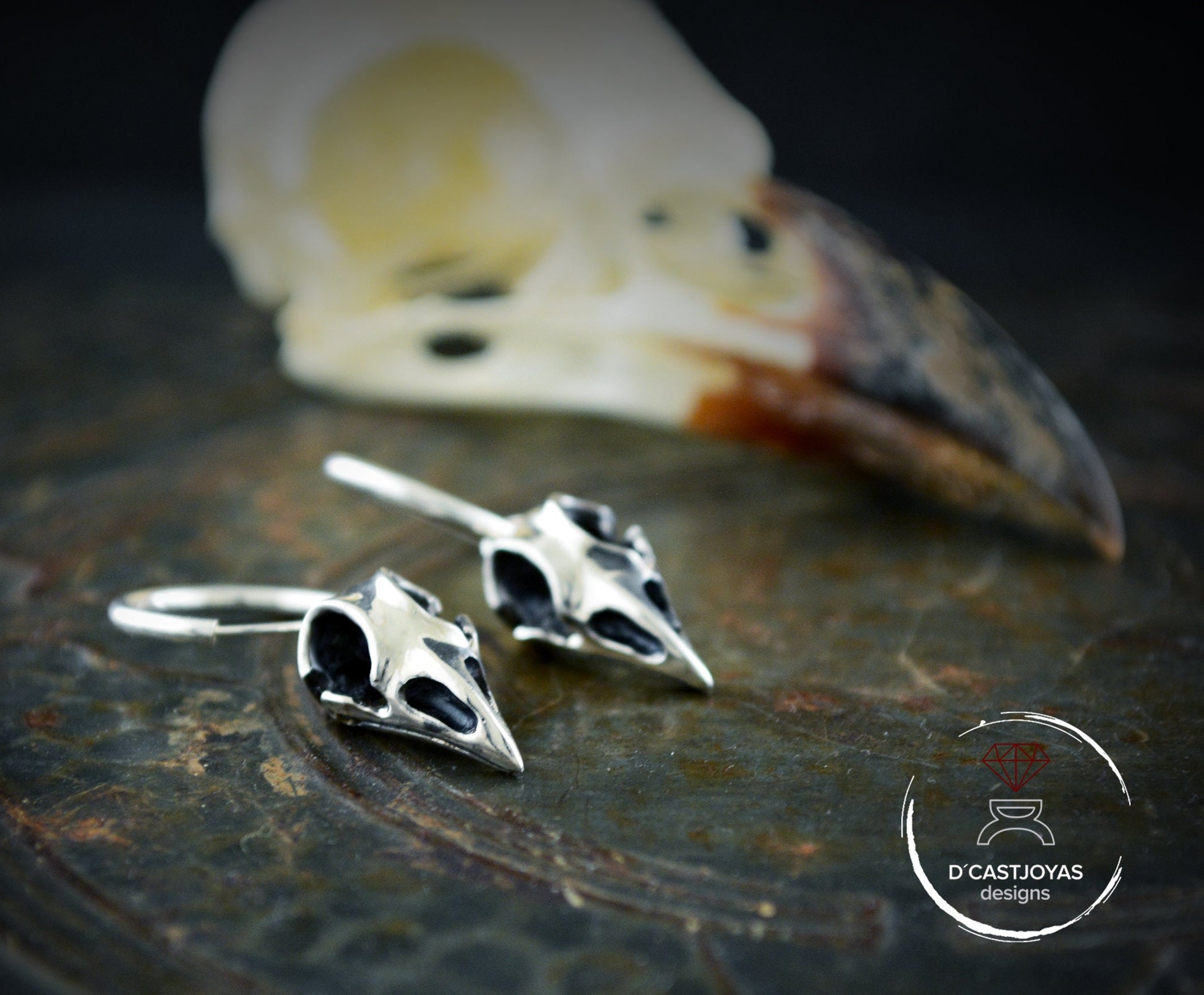 Aros de plata  cuervos de Odín  con texturas oxidadas,Pendientes vikingos - D´Cast