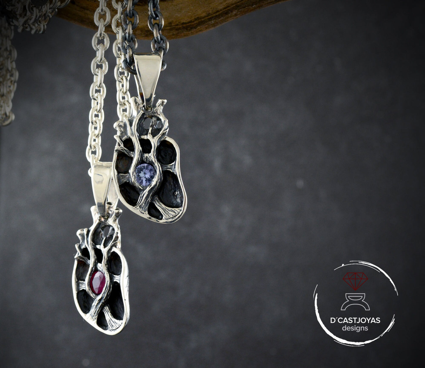 Sterling silver pendant with natural tanzanite, Human heart pendant with natural ruby, Mother's Day special gift