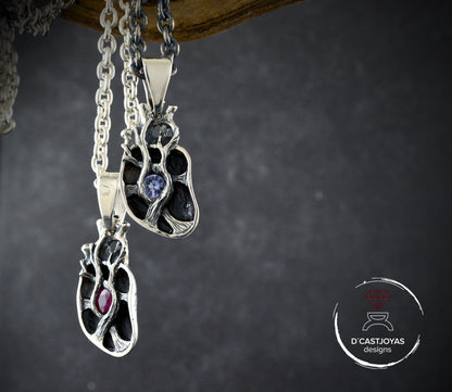 Sterling silver pendant with natural tanzanite, Human heart pendant with natural ruby, Mother's Day special gift
