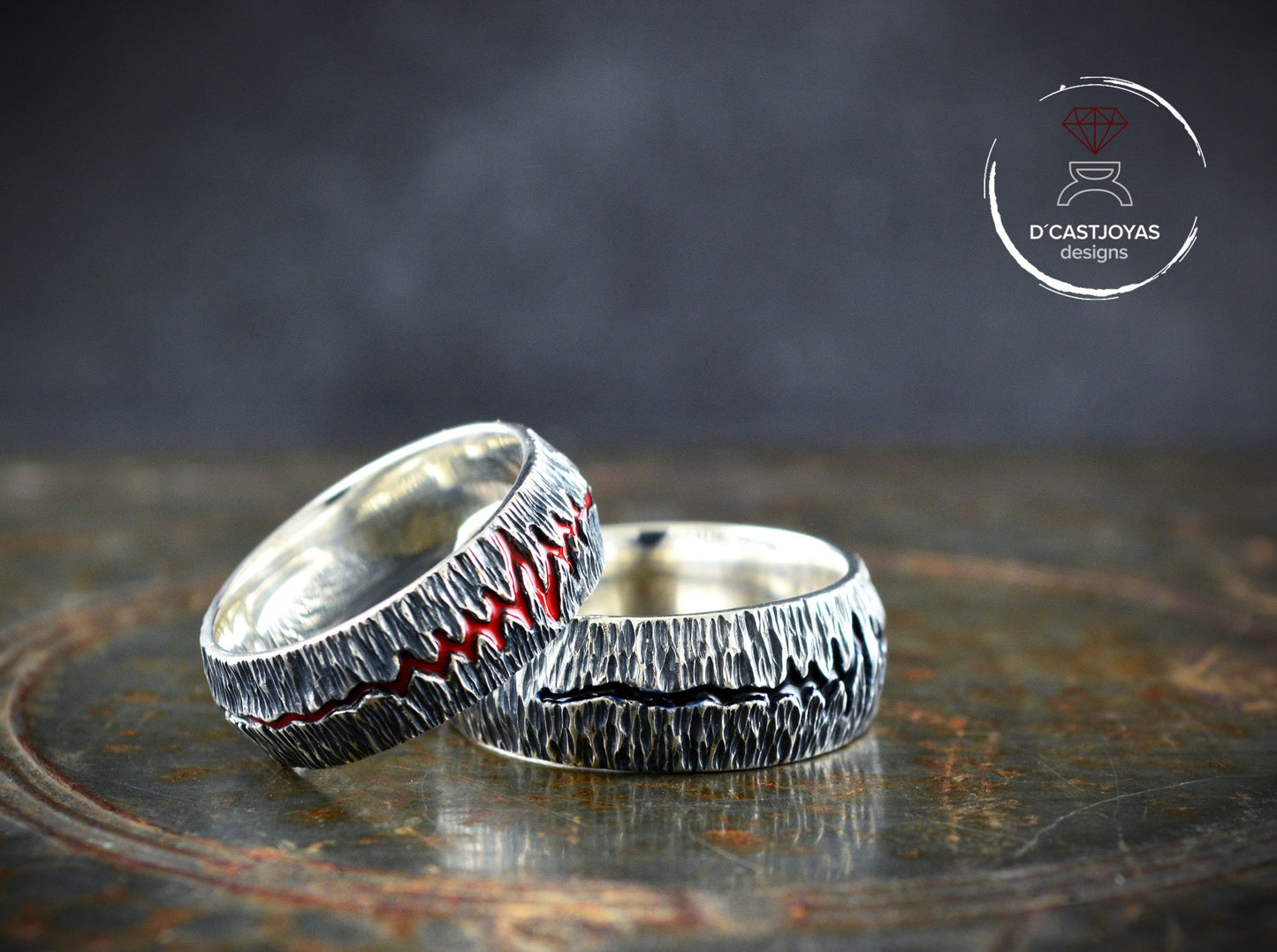 Conjunto alianzas rústico, Anillo  banda de latido de plata 925