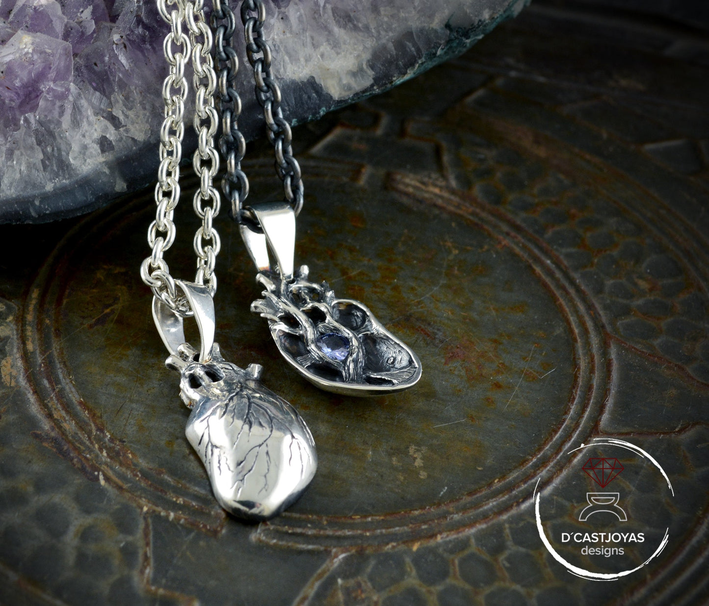 Sterling silver pendant with natural tanzanite, Human heart pendant with natural ruby, Mother's Day special gift