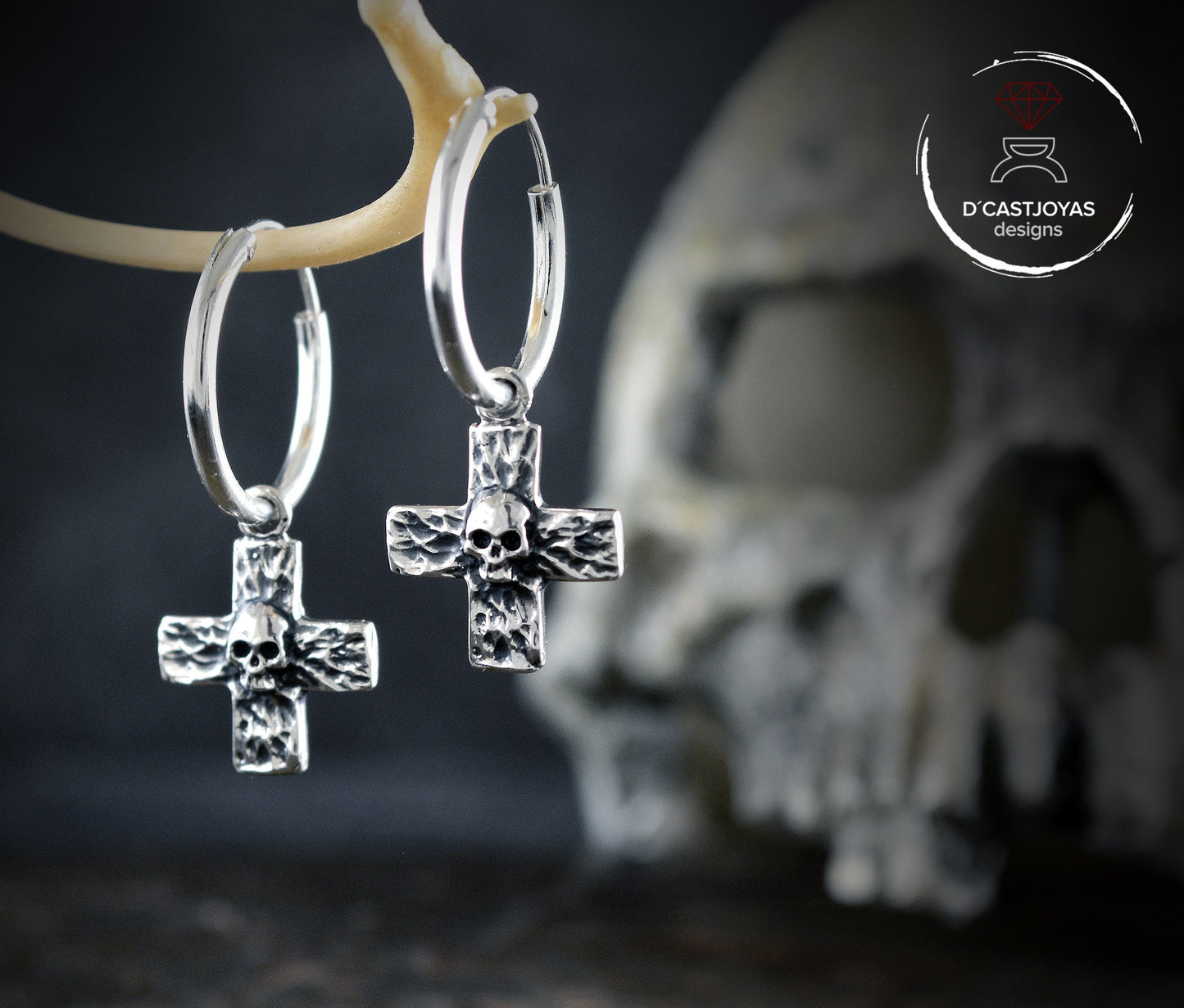 Sterling Silver Rustic Cross and Skull Hoop with Hammered Textures, Hoop Earring for Men and Women