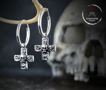 Sterling Silver Rustic Cross and Skull Hoop with Hammered Textures, Hoop Earring for Men and Women