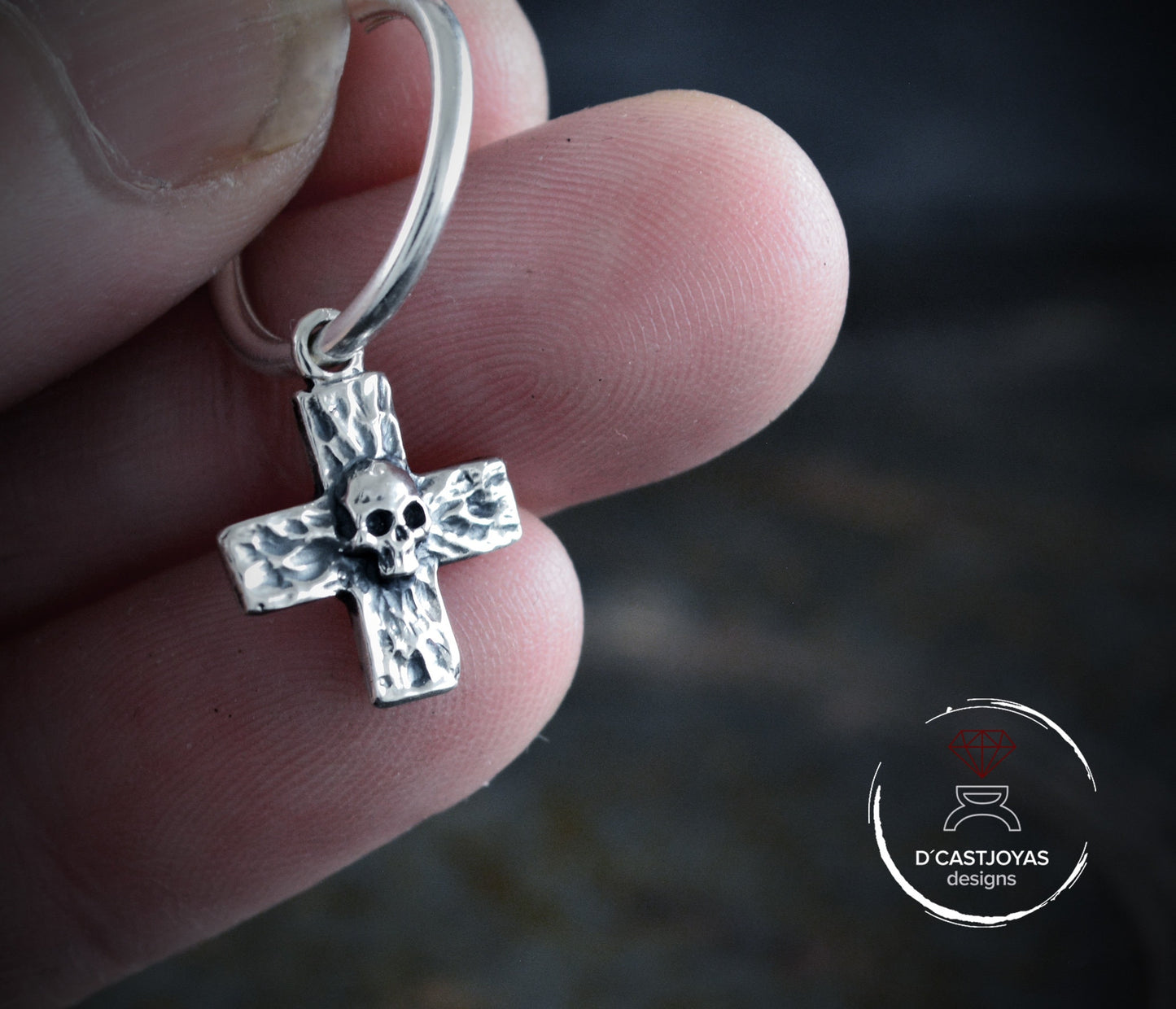 Sterling Silver Rustic Cross and Skull Hoop with Hammered Textures, Hoop Earring for Men and Women