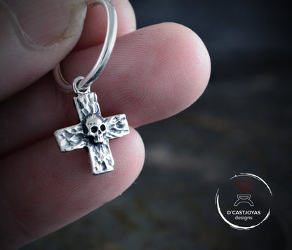 Sterling Silver Rustic Cross and Skull Hoop with Hammered Textures, Hoop Earring for Men and Women