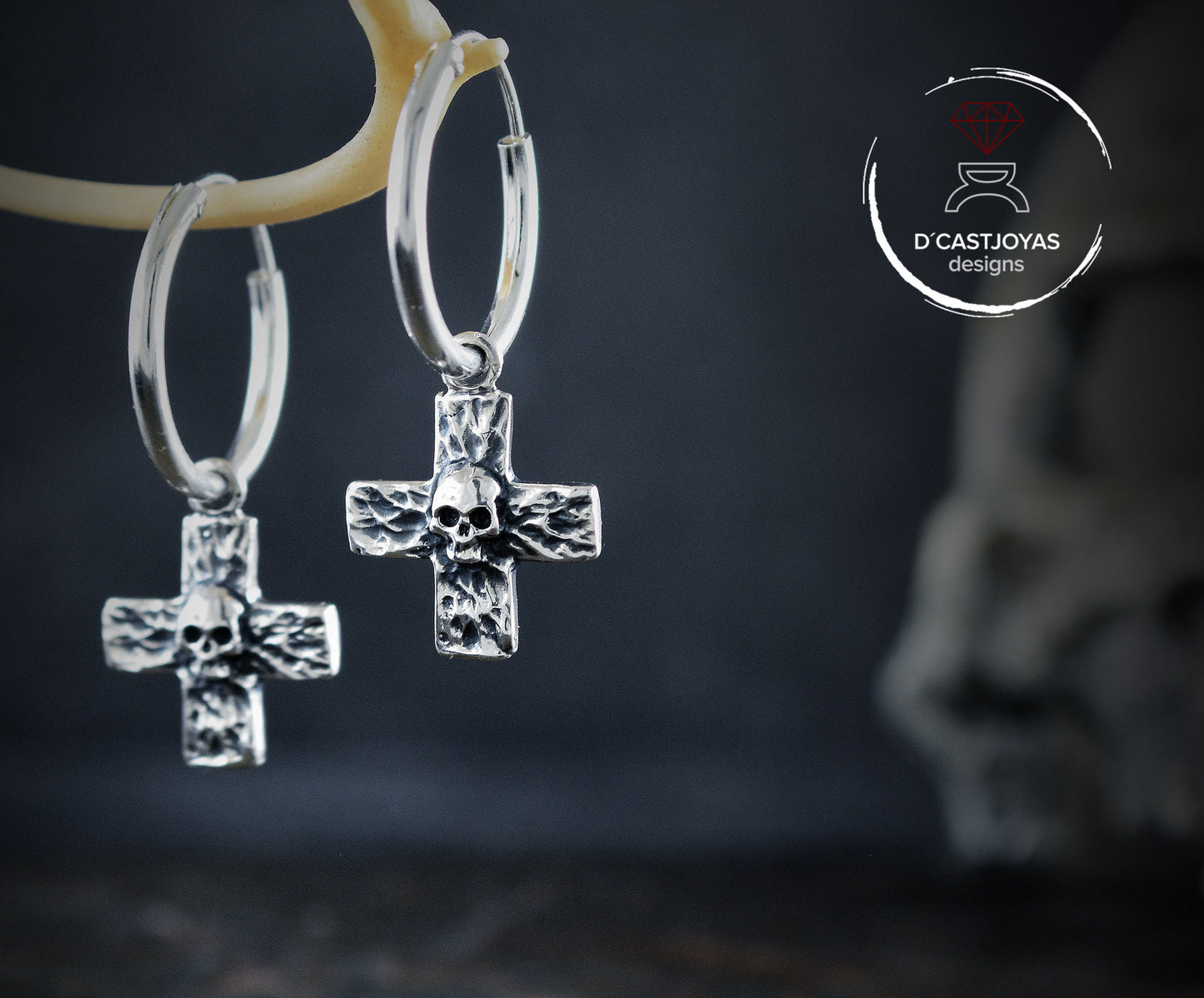 Sterling Silver Rustic Cross and Skull Hoop with Hammered Textures, Hoop Earring for Men and Women