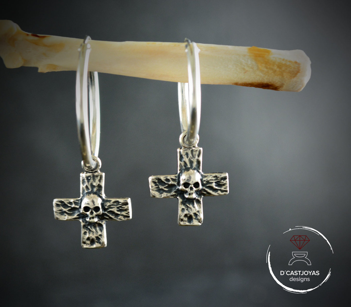 Sterling Silver Rustic Cross and Skull Hoop with Hammered Textures, Hoop Earring for Men and Women