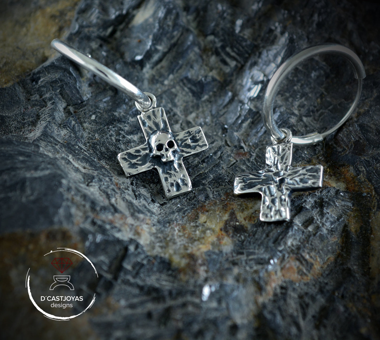 Sterling Silver Rustic Cross and Skull Hoop with Hammered Textures, Hoop Earring for Men and Women