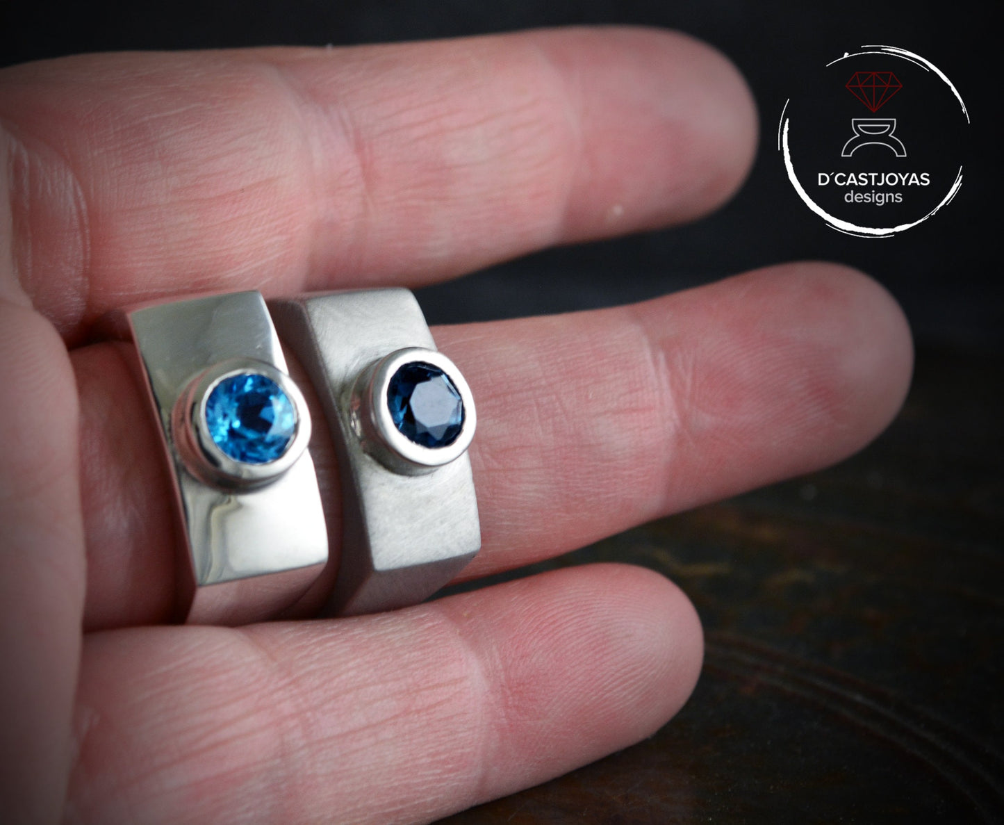 Men's sterling silver ring with blue stone, signet ring with natural blue topaz