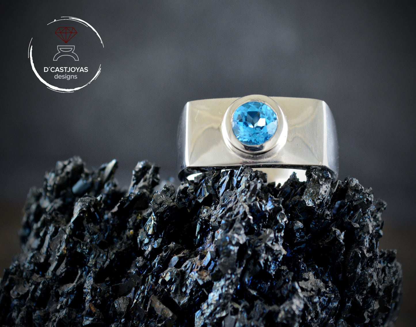 Men's sterling silver ring with blue stone, signet ring with natural blue topaz