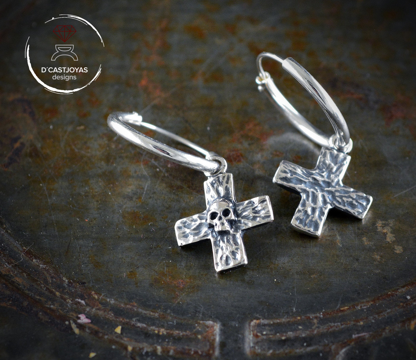 Sterling Silver Rustic Cross and Skull Hoop with Hammered Textures, Hoop Earring for Men and Women
