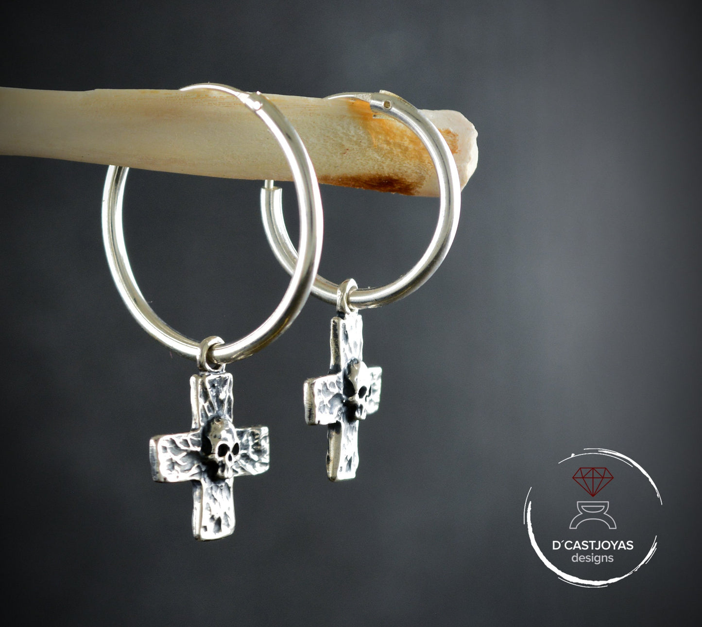 Sterling Silver Rustic Cross and Skull Hoop with Hammered Textures, Hoop Earring for Men and Women