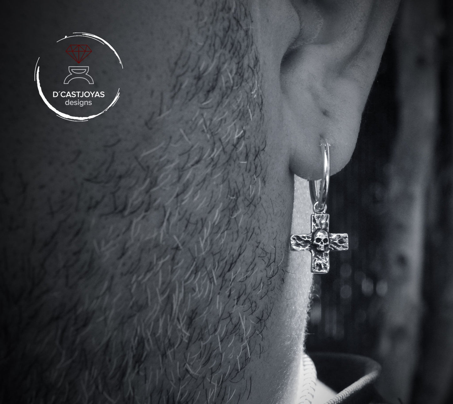 Sterling Silver Rustic Cross and Skull Hoop with Hammered Textures, Hoop Earring for Men and Women