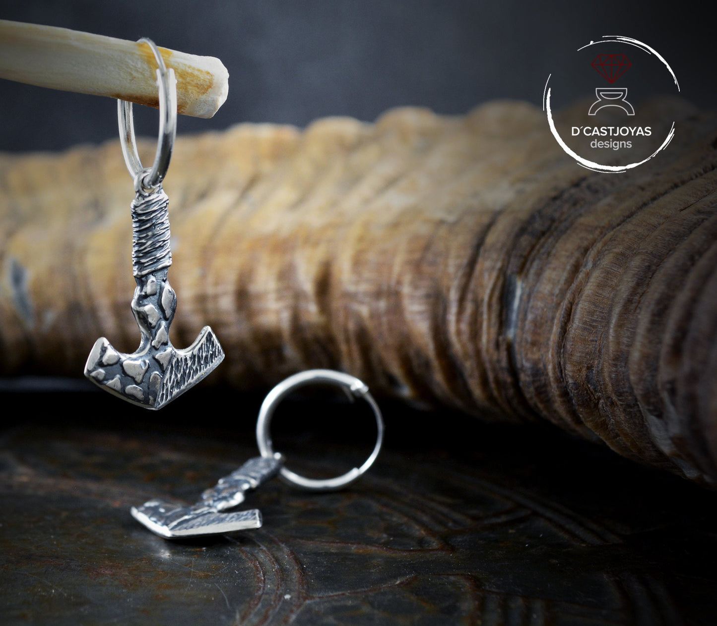 Pendientes de aro vikingos martillo de Thor en plata de ley - D´Cast