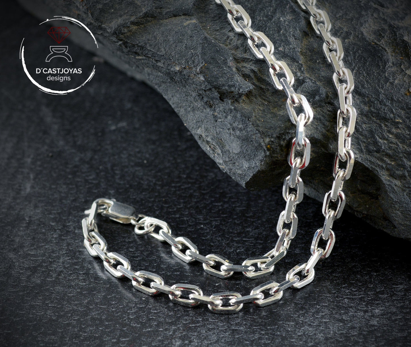 Cadena forzada diamantada muy gruesa plata 925, Hombres Collar de plata 925 , Cadena cable plata oxidada - D´Cast