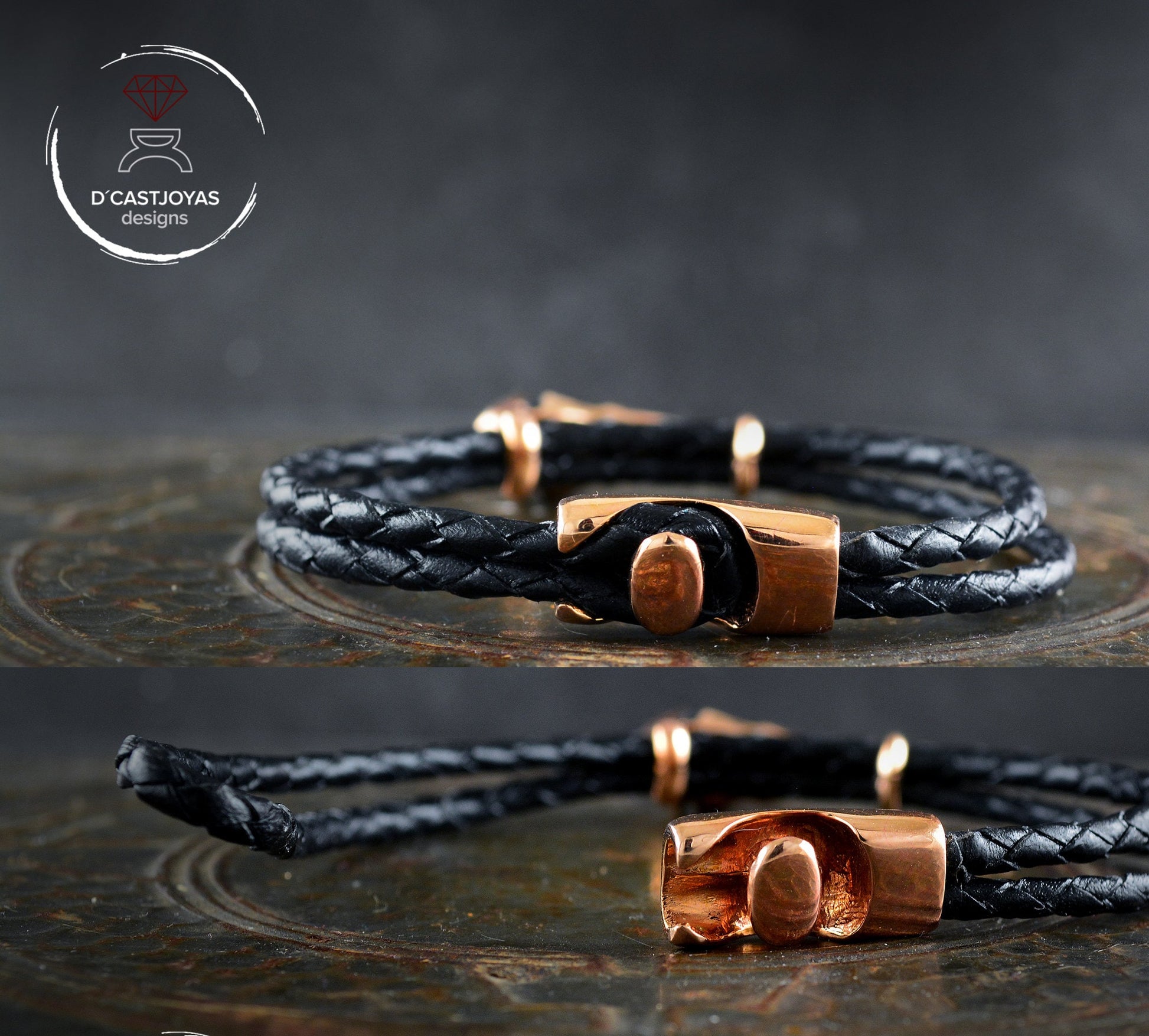 Pulsera Cuervo de bronce y  cuero trenzado, Brazalete vikingo - D´Cast