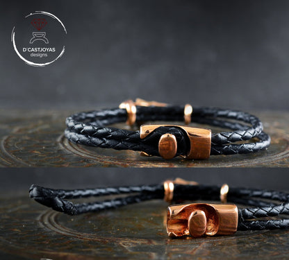 Pulsera Cuervo de bronce y  cuero trenzado, Brazalete vikingo - D´Cast