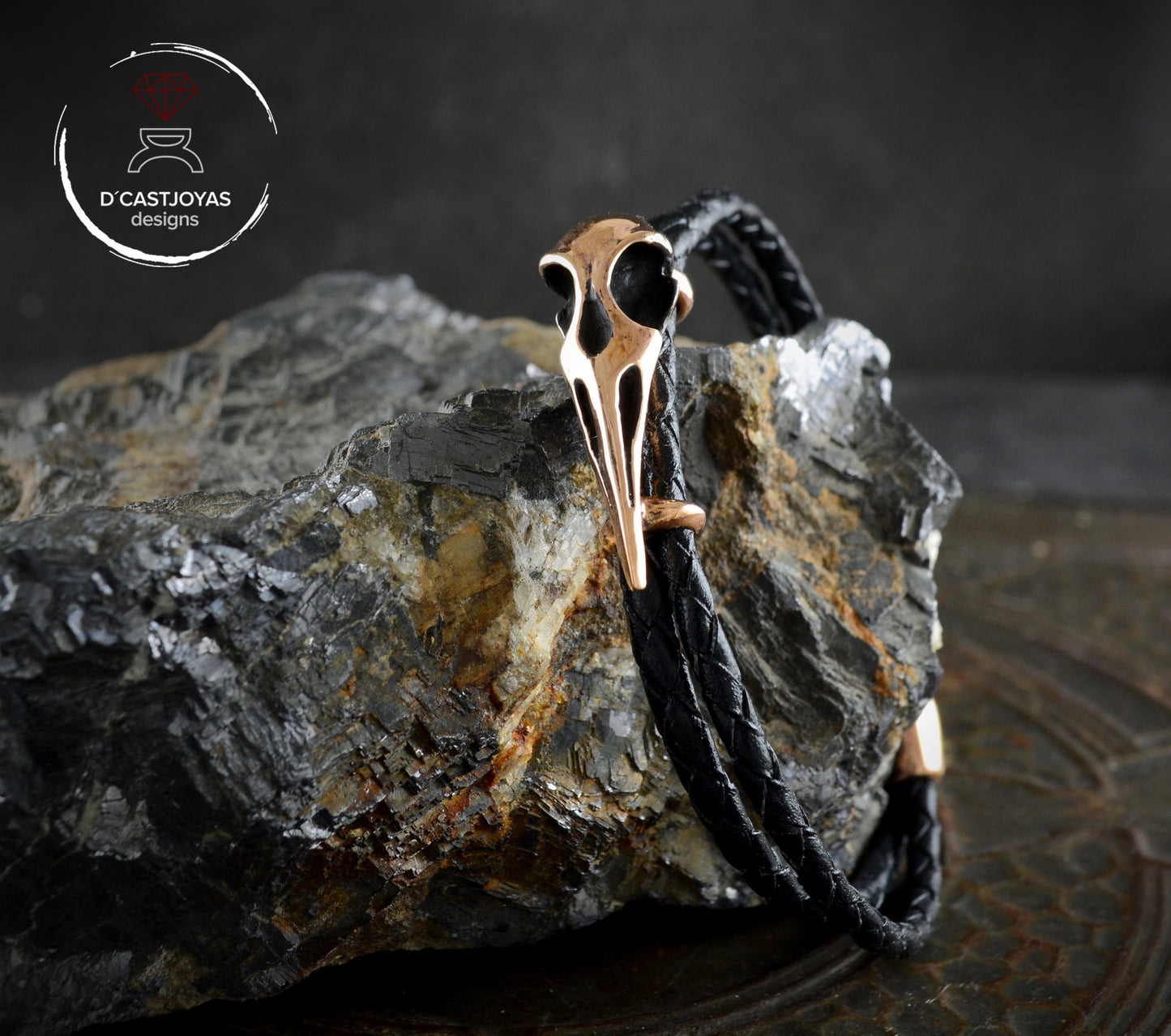 Pulsera Cuervo de bronce y  cuero trenzado, Brazalete vikingo - D´Cast