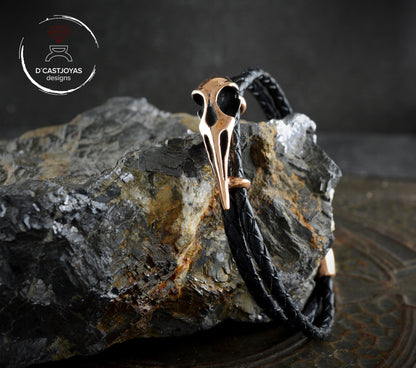 Pulsera Cuervo de bronce y  cuero trenzado, Brazalete vikingo - D´Cast