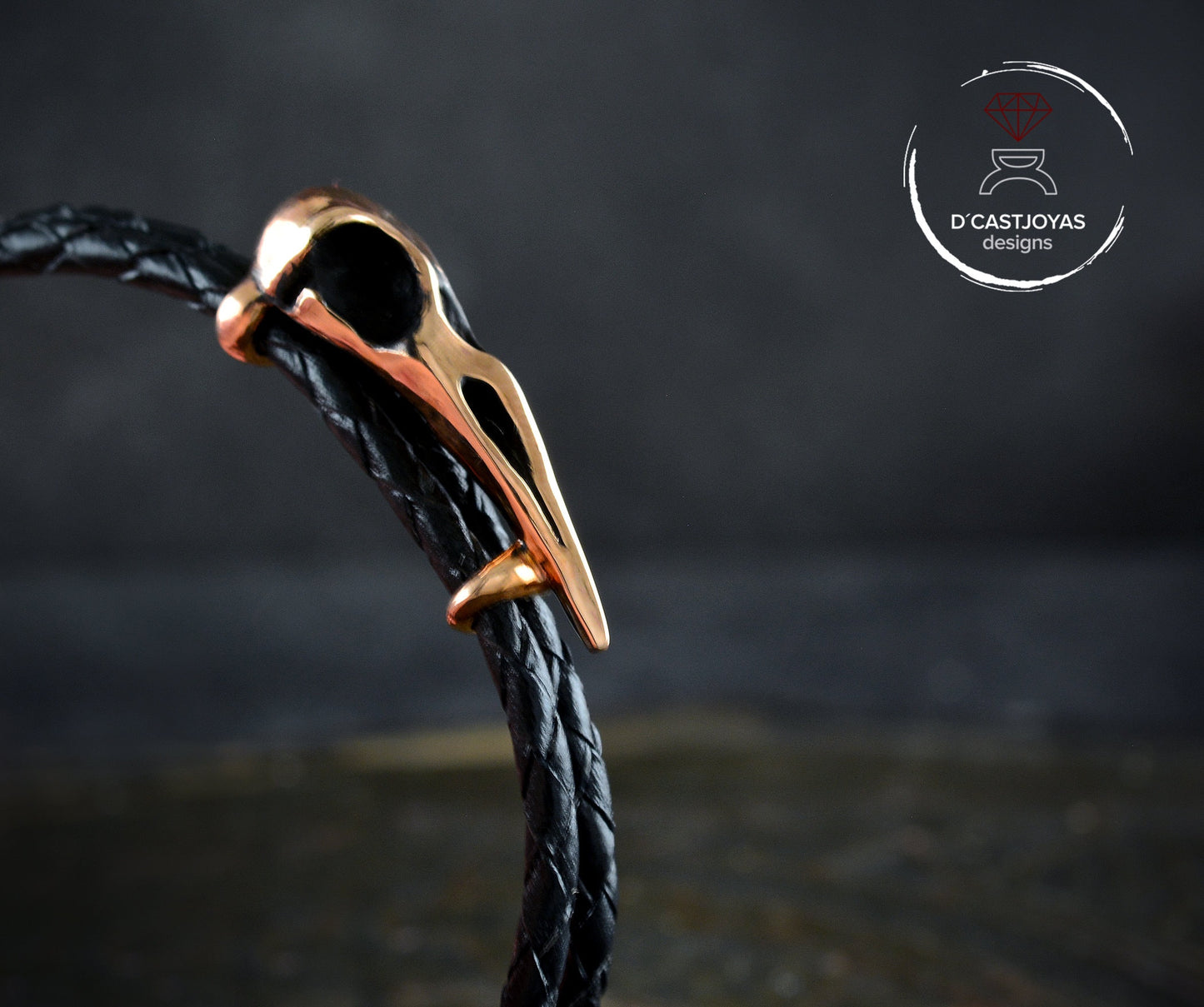 Pulsera Cuervo de bronce y  cuero trenzado, Brazalete vikingo - D´Cast