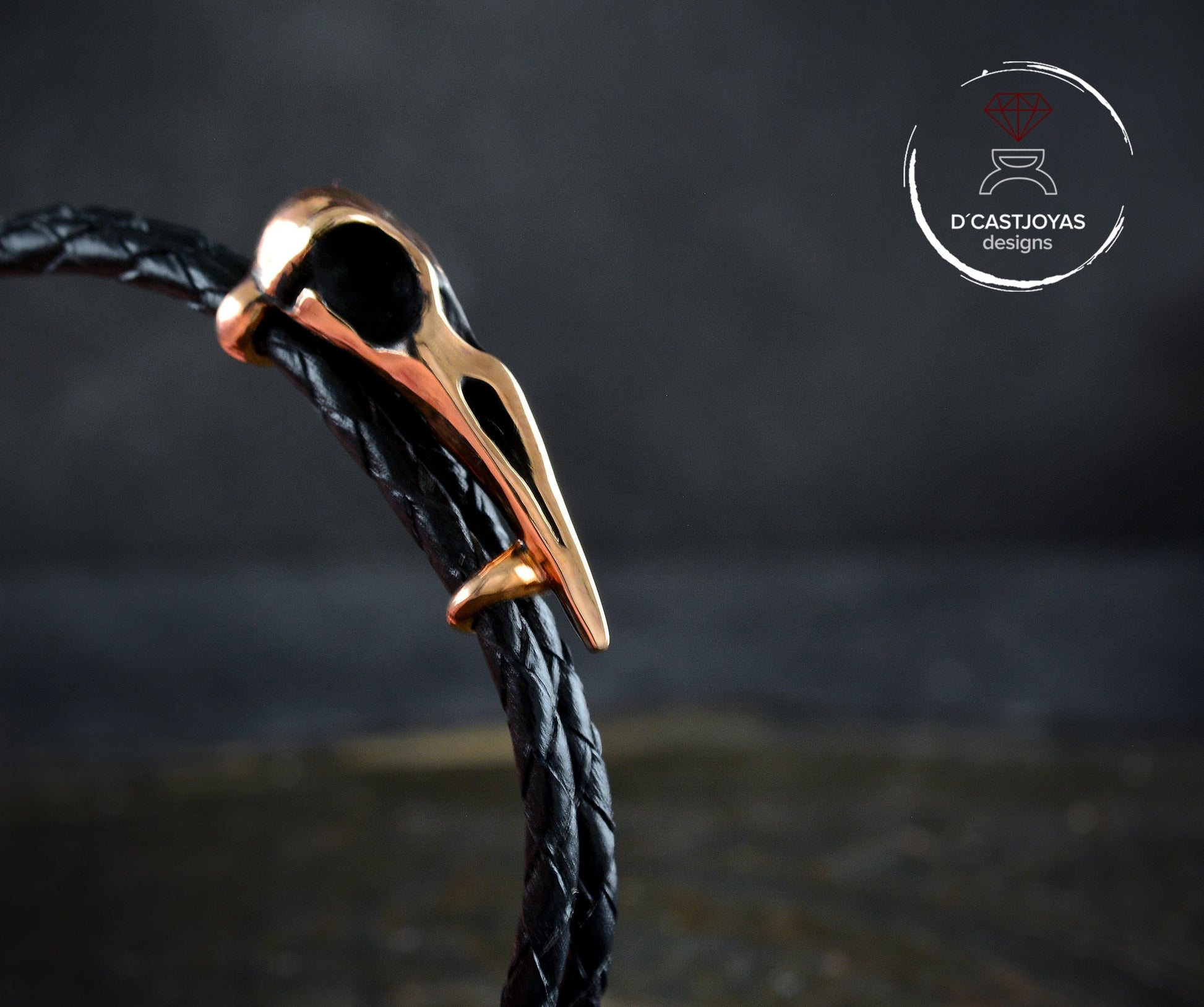 Pulsera Cuervo de bronce y  cuero trenzado, Brazalete vikingo - D´Cast