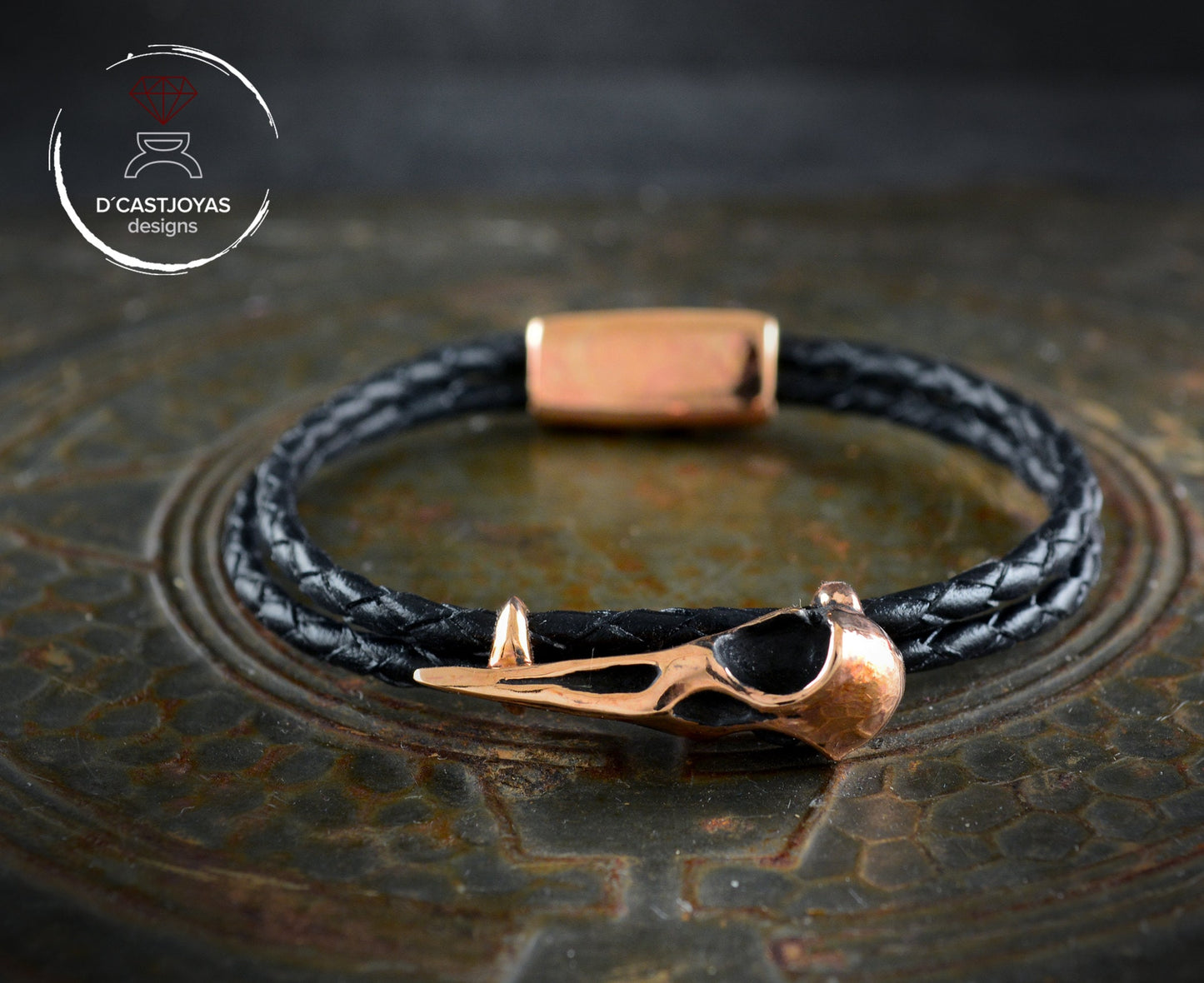 Pulsera Cuervo de bronce y  cuero trenzado, Brazalete vikingo - D´Cast