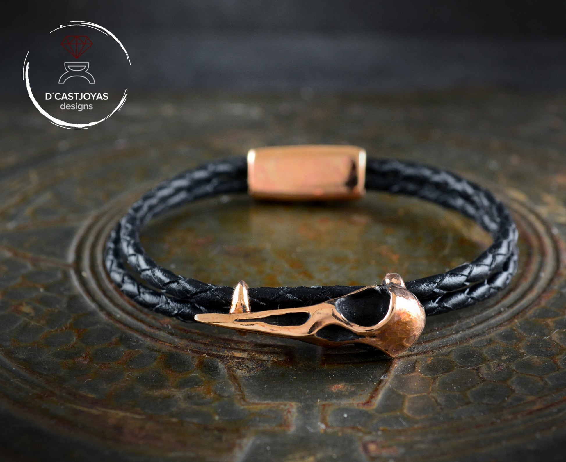 Pulsera Cuervo de bronce y  cuero trenzado, Brazalete vikingo - D´Cast