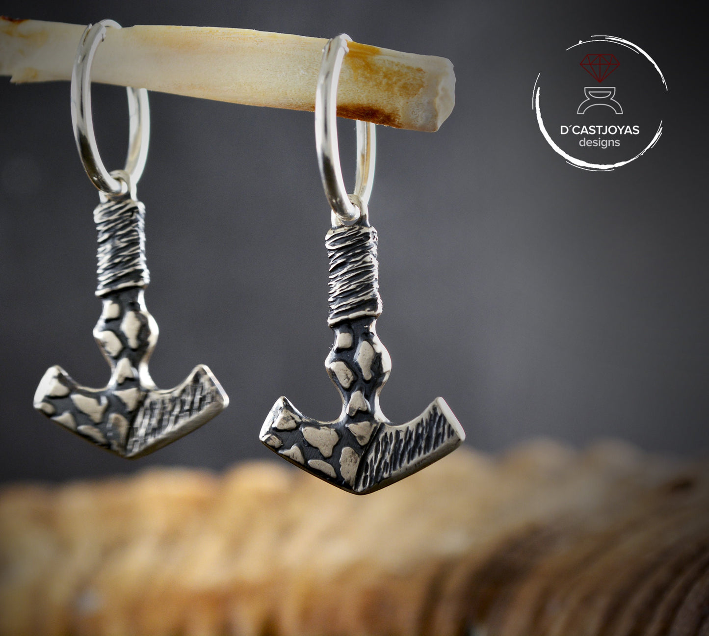 Pendientes de aro vikingos martillo de Thor en plata de ley - D´Cast