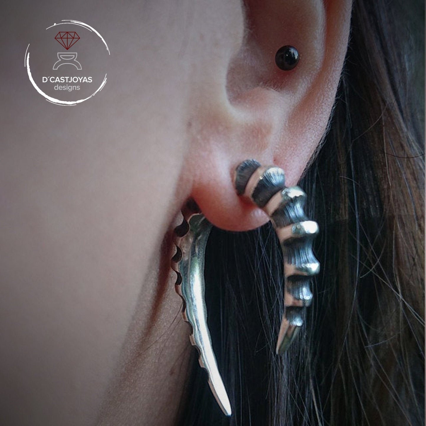 Dragon Horn Silver Hoop Earring, Silver Fake Dilator, Silver Bone Hoop, Silver Horn