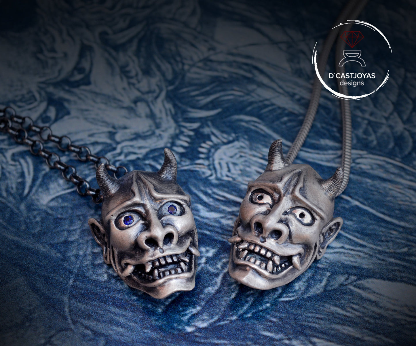 Sterling silver Oni demon mask pendant from Japan, Hannya mask necklace