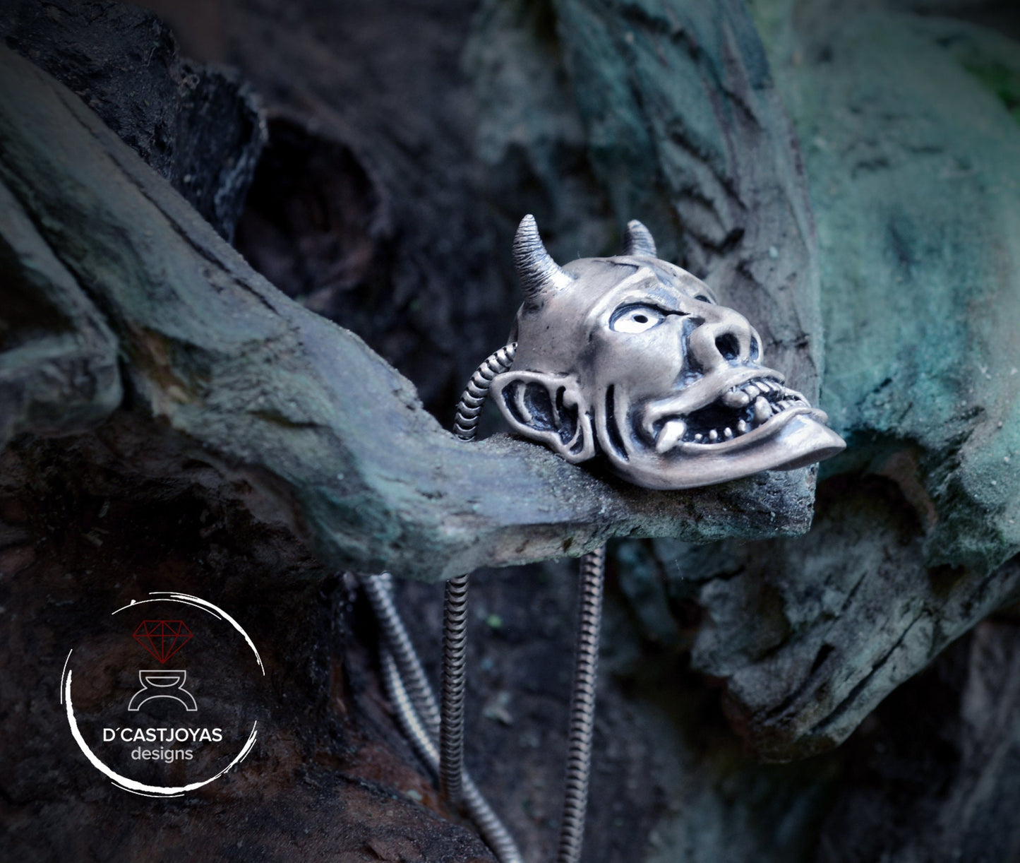 Sterling silver Oni demon mask pendant from Japan, Hannya mask necklace