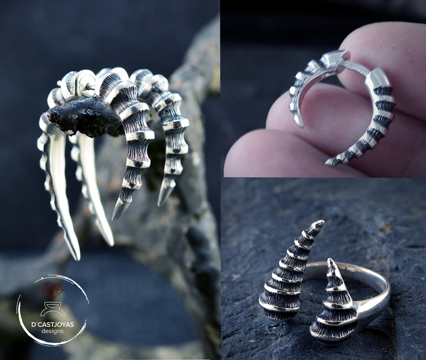 Dragon Horn Silver Hoop Earring, Silver Fake Dilator, Silver Bone Hoop, Silver Horn