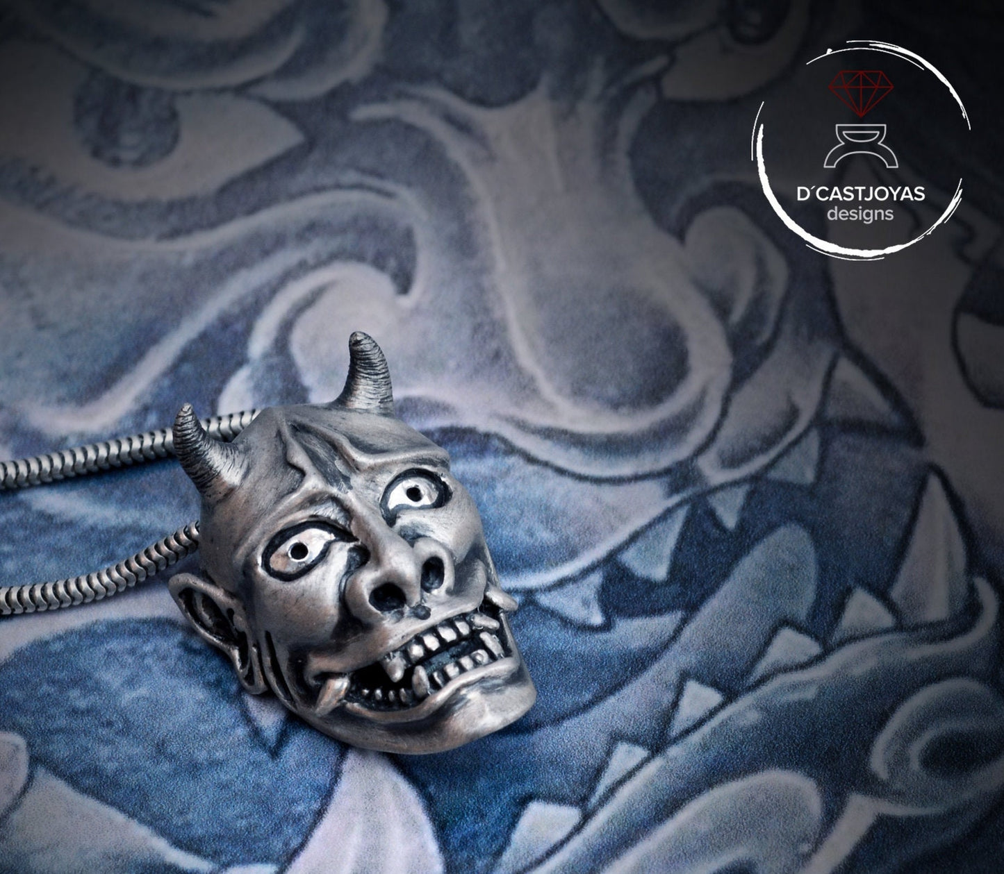 Sterling silver Oni demon mask pendant from Japan, Hannya mask necklace