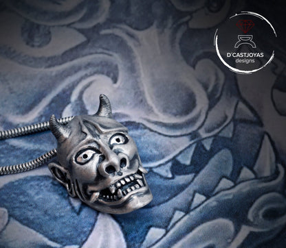 Sterling silver Oni demon mask pendant from Japan, Hannya mask necklace