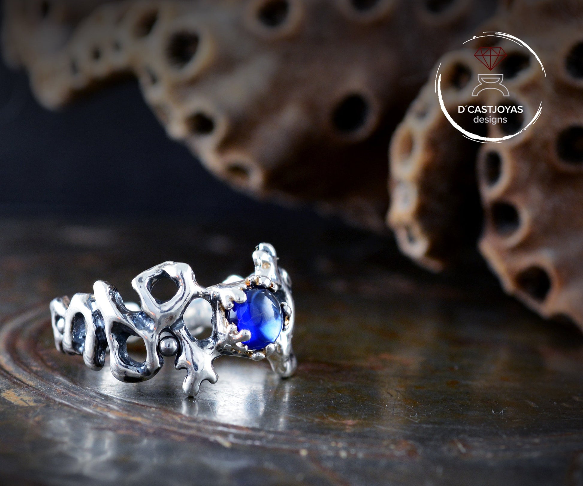Anillo solitario plata Coral, Joyería del mar, Anillo artesanal - D´Cast