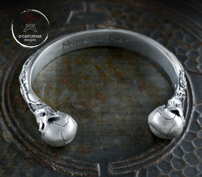 Brazalete de calavera con rosas y espinas en plata de ley maciza, brazalete Memento mori - D´Cast