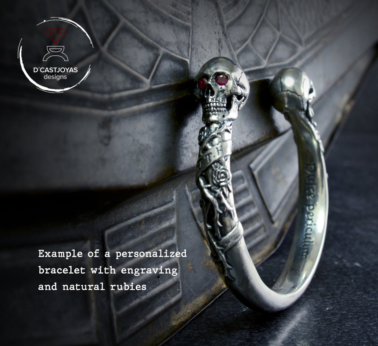 Brazalete de calavera con rosas y espinas en plata de ley maciza, brazalete Memento mori - D´Cast