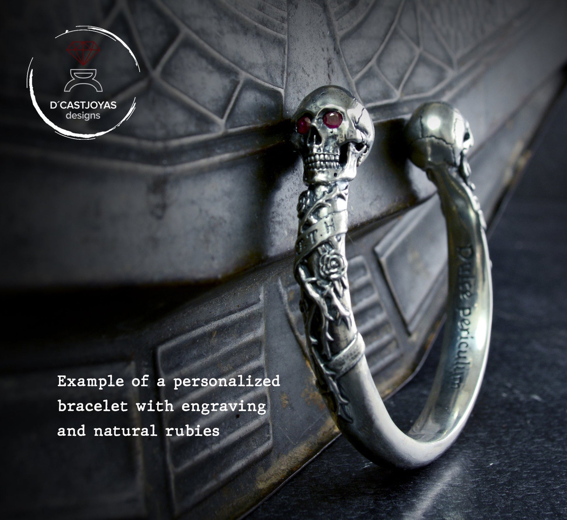 Brazalete de calavera con rosas y espinas en plata de ley maciza, brazalete Memento mori - D´Cast