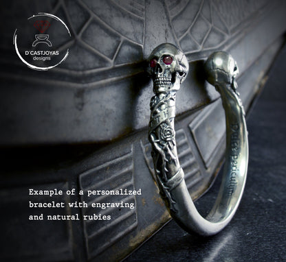 Brazalete de calavera con rosas y espinas en plata de ley maciza, brazalete Memento mori - D´Cast