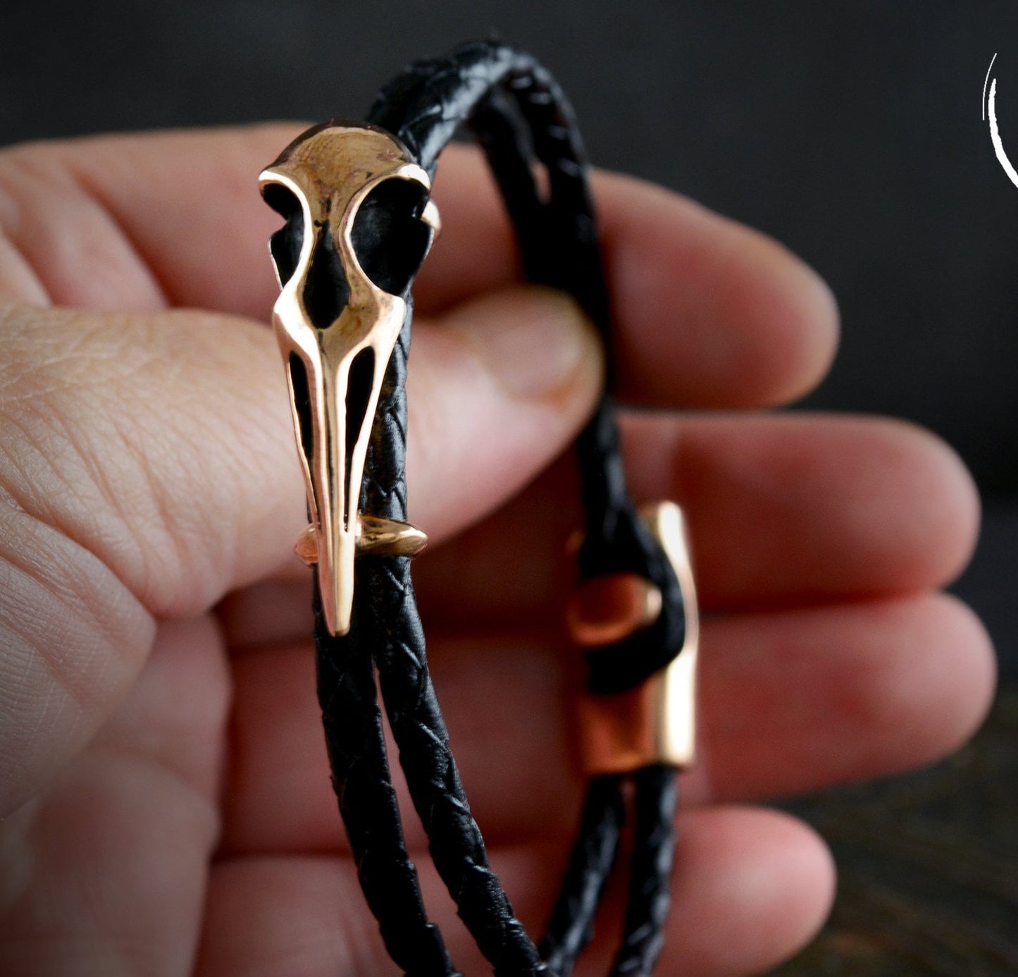 Pulsera Cuervo de bronce y  cuero trenzado, Brazalete vikingo - D´Cast