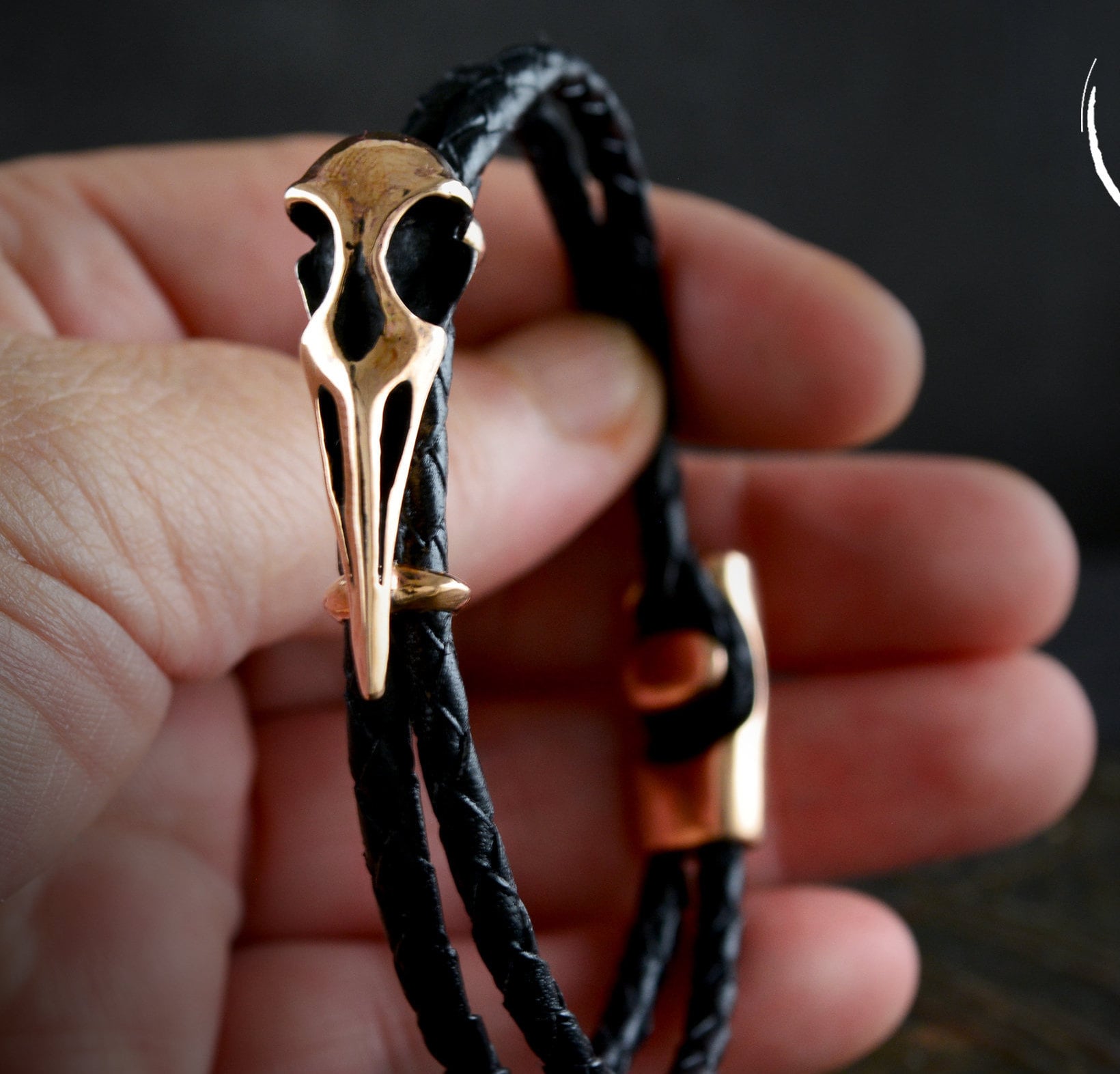 Pulsera Cuervo de bronce y  cuero trenzado, Brazalete vikingo - D´Cast