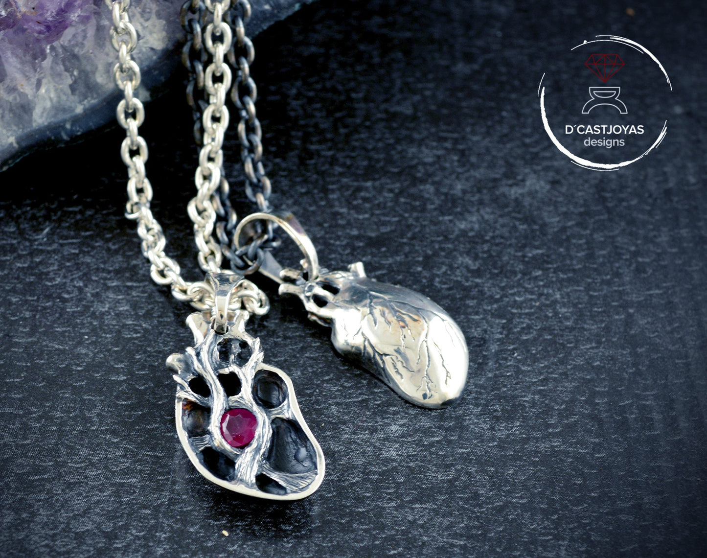 Pareja de medios corazones con con piedra natural para parejas, Colgante de corazón humano - D´Cast