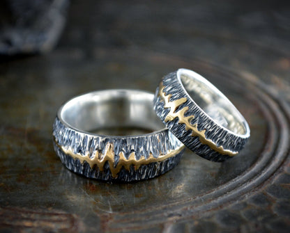 Conjunto alianzas rústico, Anillo  banda de latido de plata 925