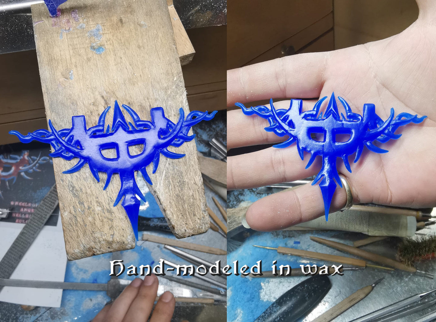 Silberne Brosche, inspiriert vom Emblem des Judas Priest