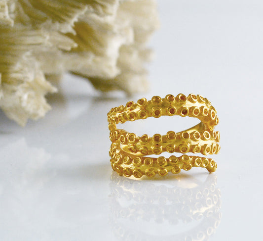 Anillo tentáculos pulpo chapado en oro 22k sobre plata 925y, Anillo ajustable tentáculos , Joyería del mar - D´Cast