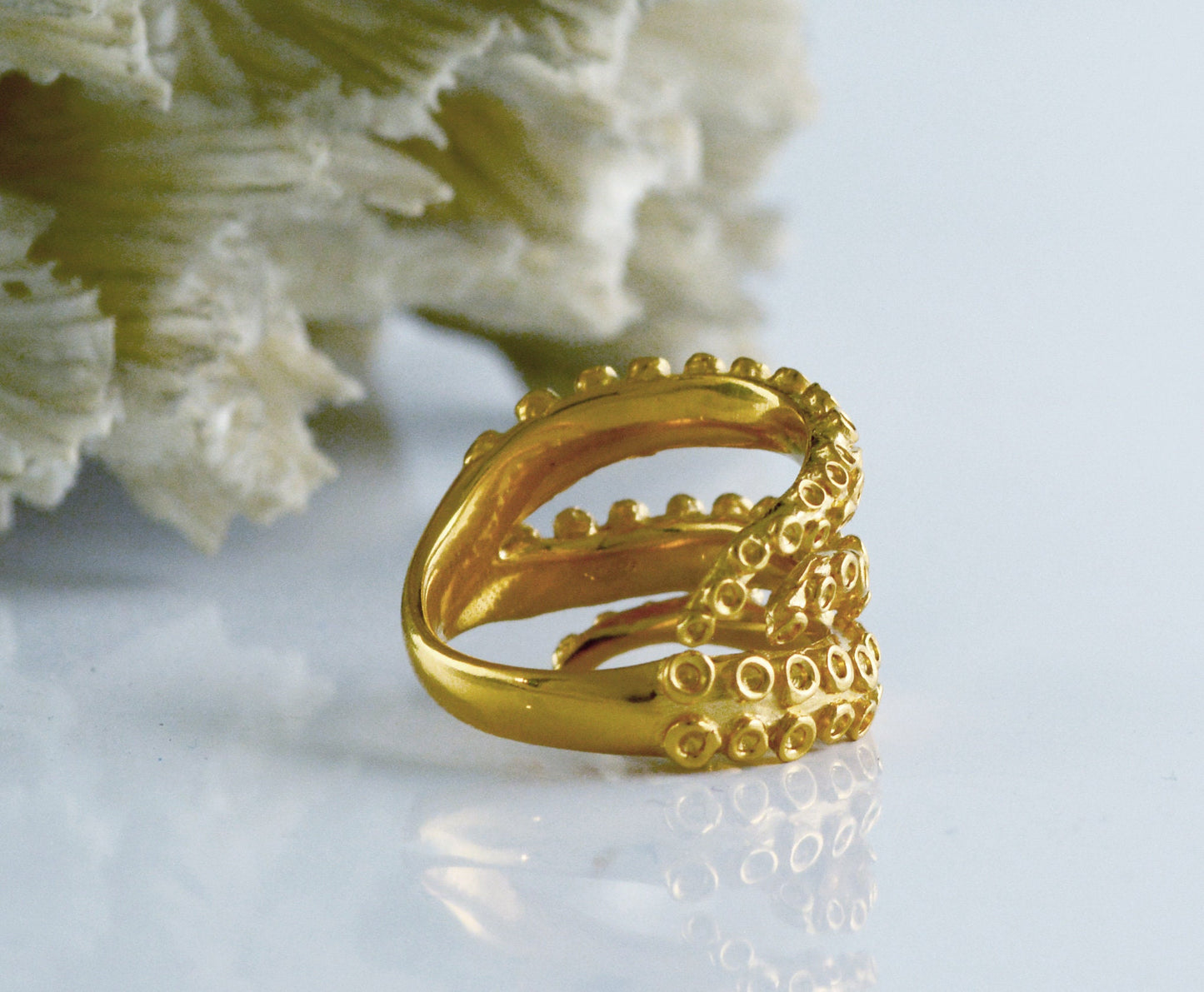 Anillo tentáculos pulpo chapado en oro 22k sobre plata 925y, Anillo ajustable tentáculos , Joyería del mar - D´Cast