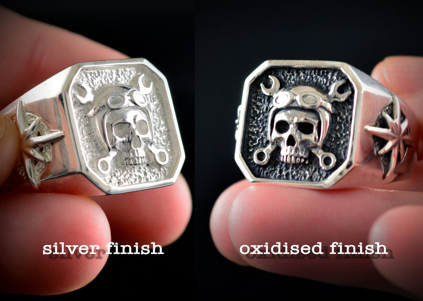 Anillo sello de plata de ley maciza con calavera con casco motorista, Anillo para moteros - D´Cast