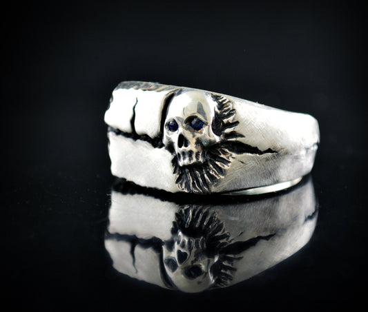 Silver Skull Ring, Broken Square Signet Ring with Carved Skull, Cool Men's Ring, Mens Jewelry, Handmade Ring