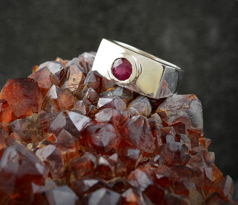 Solid silver straight band ring, Ruby solitaire ring, Men's wedding ring, Artisan ring, Handmade ring, Contemporary jewelry